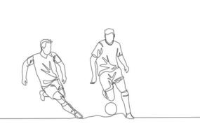 soltero continuo línea dibujo de joven energético fútbol americano jugador persiguiendo adversario jugador quien regateado el pelota paso a él. fútbol partido Deportes concepto. uno línea dibujar diseño vector ilustración