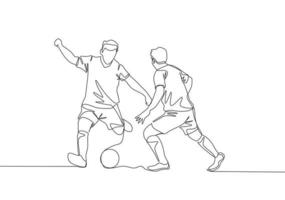 One continuous line drawing of young energetic football striker dribbling ball pass the opponent defender. Soccer match sports concept. Single line draw design vector illustration