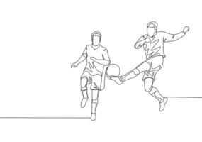 uno continuo línea dibujo de joven energético fútbol americano jugador haciendo pelota despeje a mantener su zona seguro desde adversario ataque. fútbol partido Deportes concepto. soltero línea dibujar diseño vector ilustración