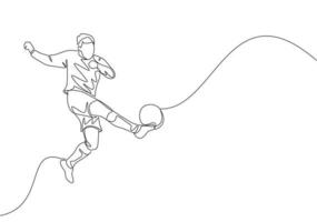 uno soltero línea dibujo de joven talentoso fútbol americano jugador ganar el pelota y Disparo el primero hora técnica patada. fútbol partido Deportes concepto. continuo línea dibujar diseño vector ilustración