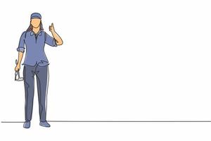 Continuous one line drawing carpenter woman standing with a thumbs-up gesture works for wood industry and must be skilled at using carpentry tools. Single line draw design vector graphic illustration