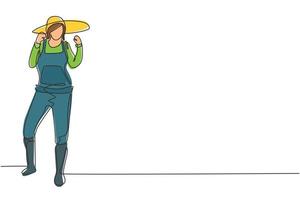 Un dibujo continuo de una línea campesina estaba de pie con un gesto de celebración, vestía un sombrero de paja y un uniforme agrícola para plantar cultivos en tierras de cultivo. trabajo exitoso. Ilustración gráfica de vector de diseño de dibujo de una sola línea