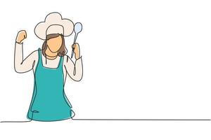 Single one line drawing female chef with celebrate gesture, holding spoon and wearing apron is ready to cook meals for restaurant guests. Modern continuous line draw design graphic vector illustration