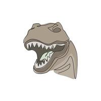 Single continuous line drawing of tyrannosaurus rex head for logo identity. Prehistoric animal mascot concept for dinosaurs theme amusement park icon. One line draw graphic design vector illustration