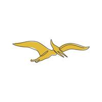 One single line drawing of flying pterodactyl for logo identity. Dino animal mascot concept for prehistoric theme park icon. Modern continuous line graphic draw design vector illustration