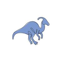 Single continuous line drawing of agile parasaurolophus for logo identity. Prehistoric animal mascot concept for dinosaurs theme amusement park icon. One line draw graphic design vector illustration