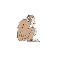 One single line drawing of cute sitting chimpanzee for company business logo identity. Adorable primate chimp animal mascot concept for corporate icon. Continuous line draw design vector illustration