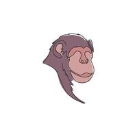 One single line drawing of cute smiling chimpanzee head for company business logo identity. Adorable chimp animal mascot concept for corporate icon. Continuous line draw design vector illustration