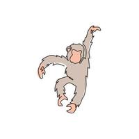 dibujo de una sola línea continua de un lindo chimpancé saltador para la identidad del logotipo del zoológico nacional. adorable concepto de mascota animal primate para icono de espectáculo de circo. Ilustración de vector de diseño gráfico de dibujo de una línea