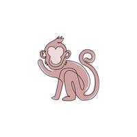 Single continuous line drawing of cute walking monkey for national zoo logo identity. Adorable primate animal mascot concept for circus show icon. One line draw design vector graphic illustration