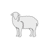 One continuous line drawing of funny cute sheep for livestock logo identity. Lamb emblem mascot concept for cattle icon. Trendy single line draw design vector graphic illustration