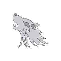 One continuous line drawing of dangerous wolf head for business logo identity. Wolves mascot emblem concept for conservation park icon. Trendy single line draw design vector graphic illustration