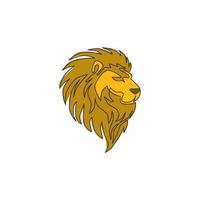 Single continuous line drawing of elegant lion head for sport club logo identity. Dangerous big cat mammal animal mascot concept for game club. Modern one line draw graphic vector design illustration