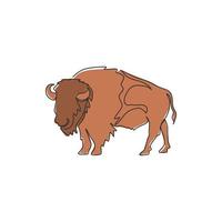 One continuous line drawing of strong north american bison for conservation forest logo identity. Big bull mascot concept for national park. Dynamic one line draw design illustration vector graphic