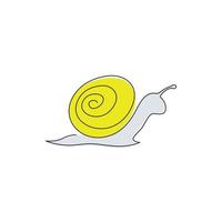 One continuous line drawing of exotic snail with spiral shell mascot concept for organic food logo identity. High nutritious escargot healthy food. Continuous line draw design vector illustration