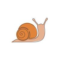 One continuous line drawing of exotic snail with spiral shell mascot concept for organic food logo identity. High nutritious escargot healthy food. Continuous line draw design vector illustration