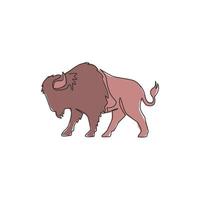 Single continuous line drawing of elegance american bison for multinational company logo identity. Luxury bull mascot concept for matador show. Trendy one line draw vector graphic design illustration