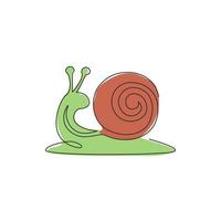 Single continuous line drawing of exotic snail with spiral shell mascot concept for organic food logo identity. High nutritious escargot healthy food. One line vector graphic draw design illustration