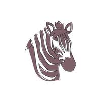 One continuous line drawing of zebra head for zoo safari national park logo identity. Typical horse from Africa with stripes concept for company mascot. Modern single line draw design illustration vector