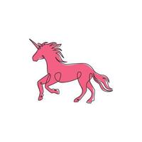 dibujo de línea continua única del hermoso unicornio para la identidad del logotipo corporativo. concepto de criatura de imaginación de fantasía para niños para estampado de moda textil. Ilustración de vector de diseño de dibujo de una línea moderna