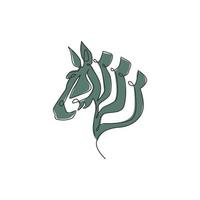 One continuous line drawing of zebra head for national park zoo safari logo identity. Horse from Africa with stripes concept for company mascot. Trendy single line draw design graphic illustration vector