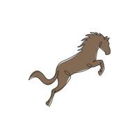 Single continuous line drawing of jumping elegant horse company logo identity. Strong mustang mammal animal icon concept. Trendy one line draw graphic vector design illustration