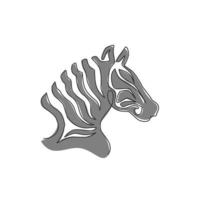 One continuous line drawing of zebra head for zoo safari national park logo identity. Typical horse from Africa with stripes concept for company mascot. Trendy single line draw design illustration vector