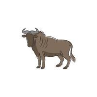 dibujo de línea continua única de ñu resistente para la identidad del logotipo de la organización. concepto de mascota de gnu grande para el icono del parque nacional de safari. Ilustración gráfica de vector de diseño de dibujo de una línea moderna