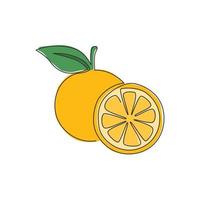 Single continuous line drawing of sliced and whole healthy organic orange for orchard logo identity. Fresh summer fruitage concept for fruit juice icon. Modern one line draw design vector illustration