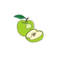 One continuous line drawing sliced and whole healthy apples organic for orchard logo. Fresh tropical fruitage concept for fruit garden icon. Modern single line draw graphic design vector illustration