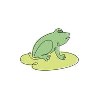 Single continuous line drawing of happy frog above lotus leaf on swamp lake for kids educational book. Cute pet animal icon concept. Dynamic one line vector draw graphic design illustration