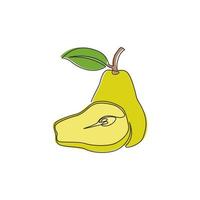 un dibujo de línea continua de pera orgánica sana entera y en rodajas para la identidad del logotipo del huerto. concepto de fruitage de verano fresco para el icono de jardín de frutas. Ilustración de vector de diseño de dibujo de línea única moderna