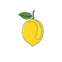 One single line drawing of whole healthy organic lemon for orchard logo identity. Fresh lemonade fruitage concept for fruit garden icon. Modern continuous line draw design graphic vector illustration