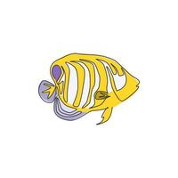 Single one line drawing of funny regal angelfish for company logo identity. Beautiful angel fish mascot concept for sea world show icon. Modern continuous line draw design vector graphic illustration