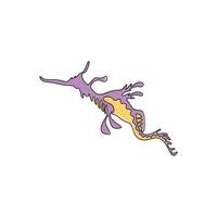 un dibujo de línea continua de un lindo dragón de mar frondoso para la identidad del logotipo acuático. concepto de mascota animal de camuflaje para el icono de espectáculo del mundo marino. Ilustración de vector de diseño gráfico de dibujo de una sola línea moderna