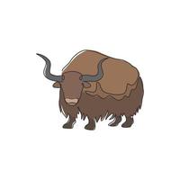 dibujo de línea continua única de yak galante para la identidad del logotipo. concepto de mascota bovid domesticada de pelo largo para el icono del parque nacional de conservación. Ilustración de vector de diseño de dibujo de una línea moderna