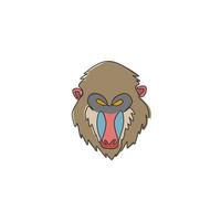 un dibujo de una sola línea de una cabeza de mandril exótica para la identidad del logotipo de la empresa. concepto de mascota de cara de mono más grande para el icono del parque nacional de safari. Ilustración de vector de diseño de dibujo de línea continua moderna