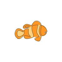 One continuous line drawing of adorable clown fish for sea water aquarium logo identity. Stripped anemonefish mascot concept for aquatic show icon. Modern single line draw design vector illustration