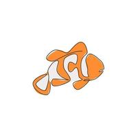 Single continuous line drawing of funny clown fish for logo identity. Stripped anemonefish mascot concept for national zoo icon. Modern one line draw design vector illustration
