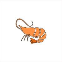 Single continuous line drawing of big shrimp for healthy seafood logo identity. Prawn mascot concept for Chinese restaurant icon. One line draw graphic design vector illustration