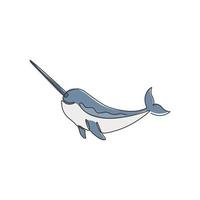 Single continuous line drawing of adorable narwhal for logo identity. Narwhale animal mascot concept for magical creature icon. One line graphic draw design vector illustration