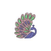 un dibujo de línea continua de un adorable pavo real de belleza para la identidad del logotipo de la empresa. concepto de mascota de gran pájaro bonito para el icono del zoológico nacional. Gráfico moderno del ejemplo del vector del diseño del sorteo de una sola línea