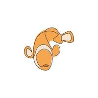 One single line drawing of cute clown fish for aquarium tank logo identity. Anemone fish mascot concept for under sea world icon. Continuous line draw design vector graphic illustration