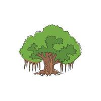 dibujo de una sola línea de gran árbol de higuera frondoso con sombra y belleza. concepto decorativo de la planta de ficus benghalensis para el logotipo del parque nacional. Ilustración gráfica de vector de diseño de dibujo de línea continua moderna