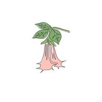 One continuous line drawing of beauty fresh brugmansia for home decor wall art poster print. Decorative angel trumpet flower concept for greeting card. Single line draw design vector illustration