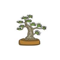 Dibujo de una sola línea de belleza y mini árbol bonsai exótico para decoración de pared, póster, impresión artística. Planta decorativa en maceta antigua para tienda de plantas. Ilustración de vector de diseño de dibujo de línea continua moderna