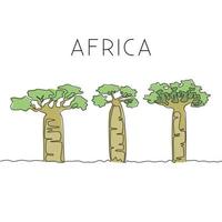 un dibujo de línea continua de un gran árbol baobab. Planta decorativa de adansonia digitata para decoración de pared del hogar. concepto de vacaciones de viaje. Ilustración de vector de diseño de dibujo de línea única de moda