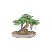 dibujo de línea continua única del hermoso y exótico árbol bonsai de Japón. Viejo concepto decorativo del árbol de higuera pequeño para la impresión del cartel del arte de la pared de la decoración casera. Ilustración de vector de diseño de dibujo de una línea moderna