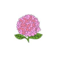 One continuous line drawing of beauty fresh hydrangea for home art wall decor poster print. Decorative hortensia flower concept for invitation card. Trendy single line draw design vector illustration