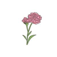 Single continuous line drawing of beauty fresh carnation for garden logo. Decorative dianthus caryophyllus flower for home wall decor art poster print. Modern one line draw design vector illustration